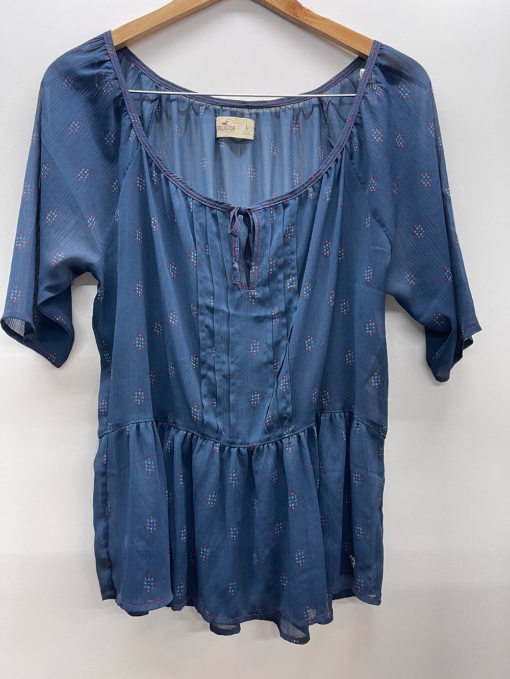 Hollister Slate Blue Peasant Tunic‎ with Pink Dot Print vintage Y2K